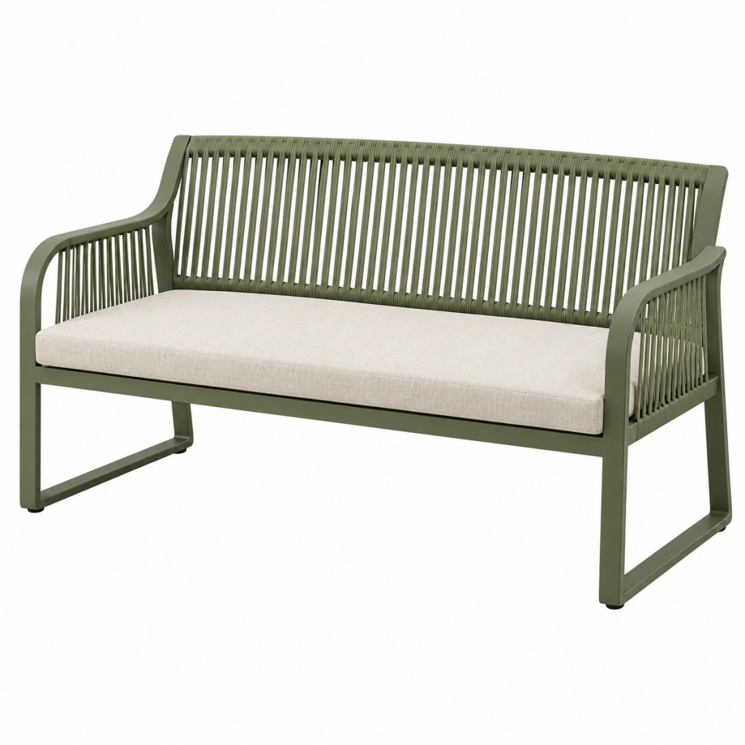 Banquette de jardin 120 x 65 x 78 cm en métal vert kaki avec corde tressée et coussin crème